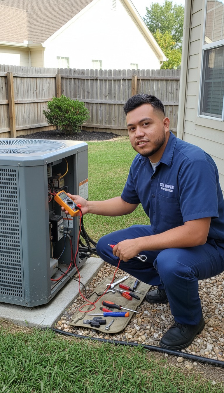 Technician checking AC unit