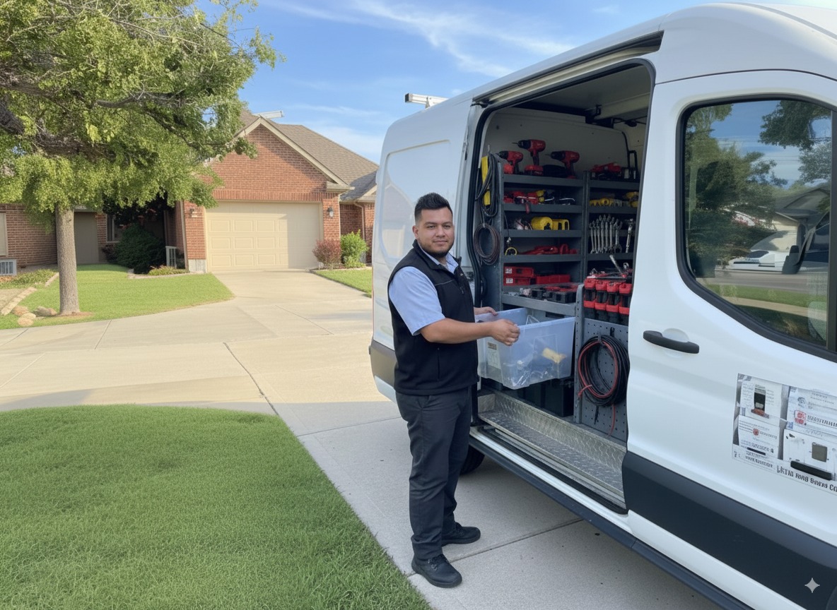 Juan loading van with equipment